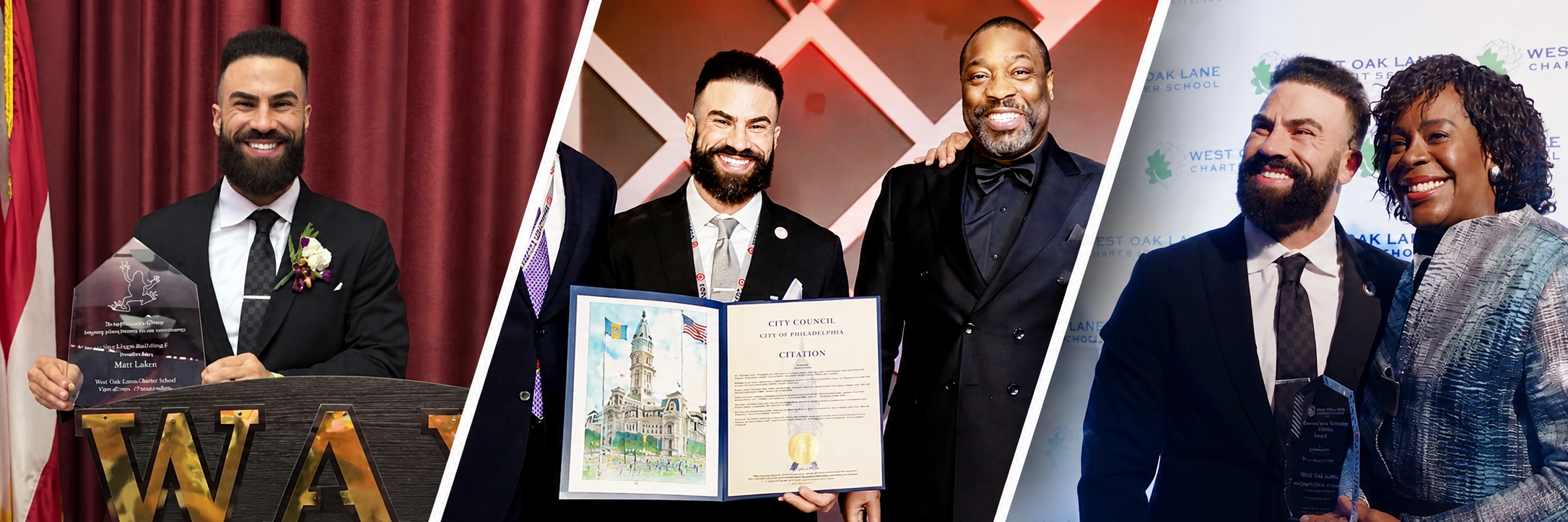 Matthew Laken receiving WALA, City Council, and West Oak Lane awards