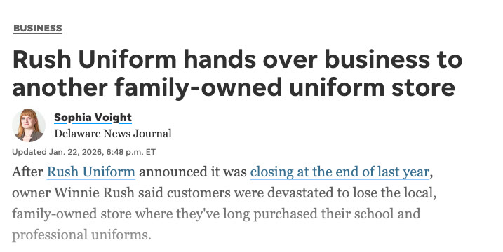 Delaware Online — Rush Uniform hands over business to another family-owned uniform store